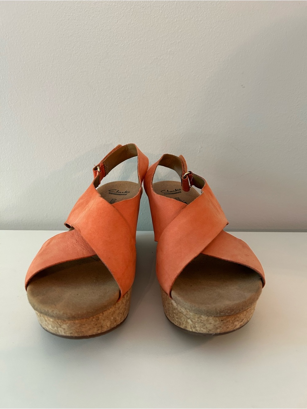 Clarks Coral Suede Crisscross Wedge Sandals